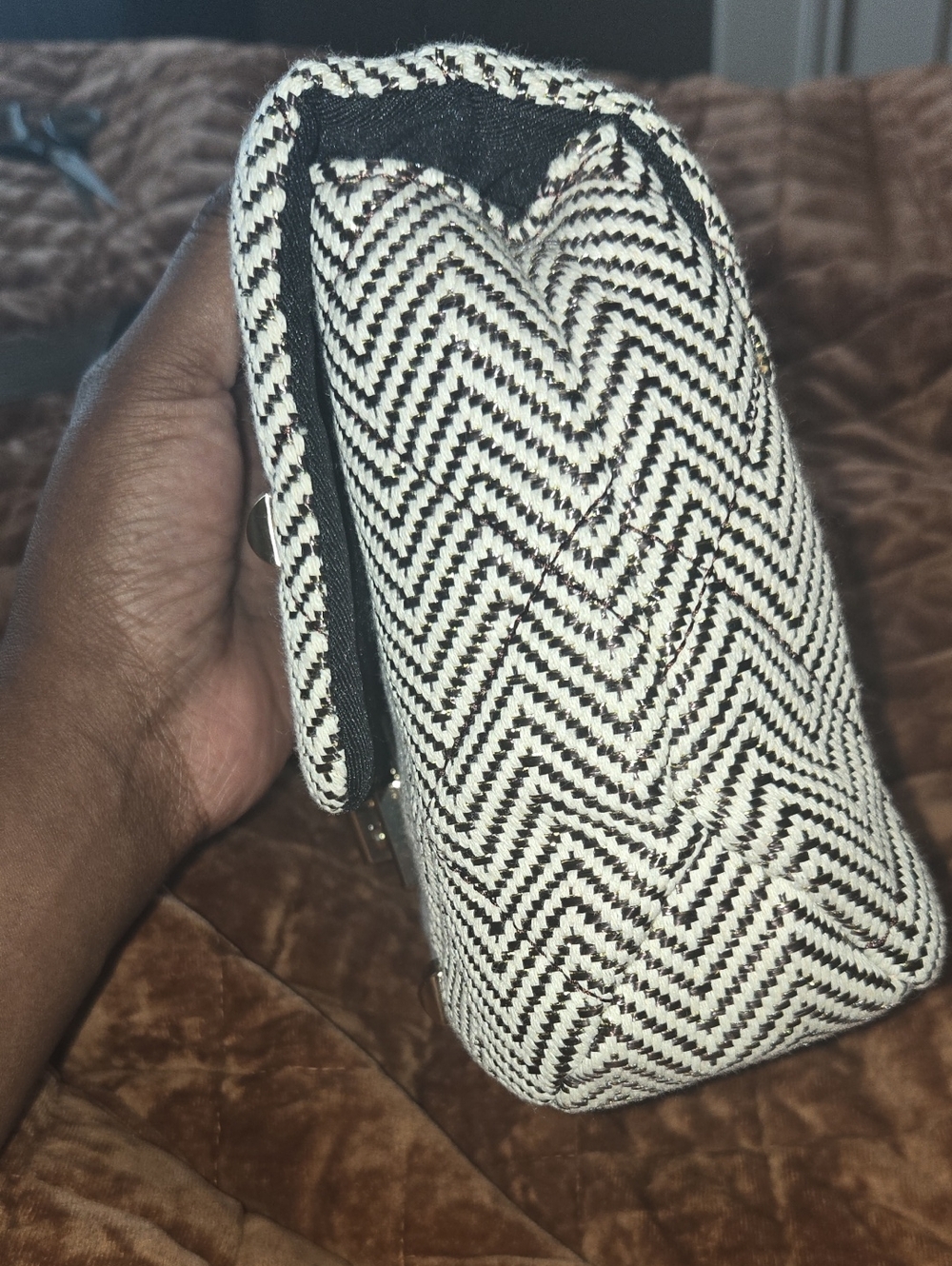 Aldo | Chain Strap Studded Herringbone Bag - Black & White W/ Gold Accents - Picture 8 of 11